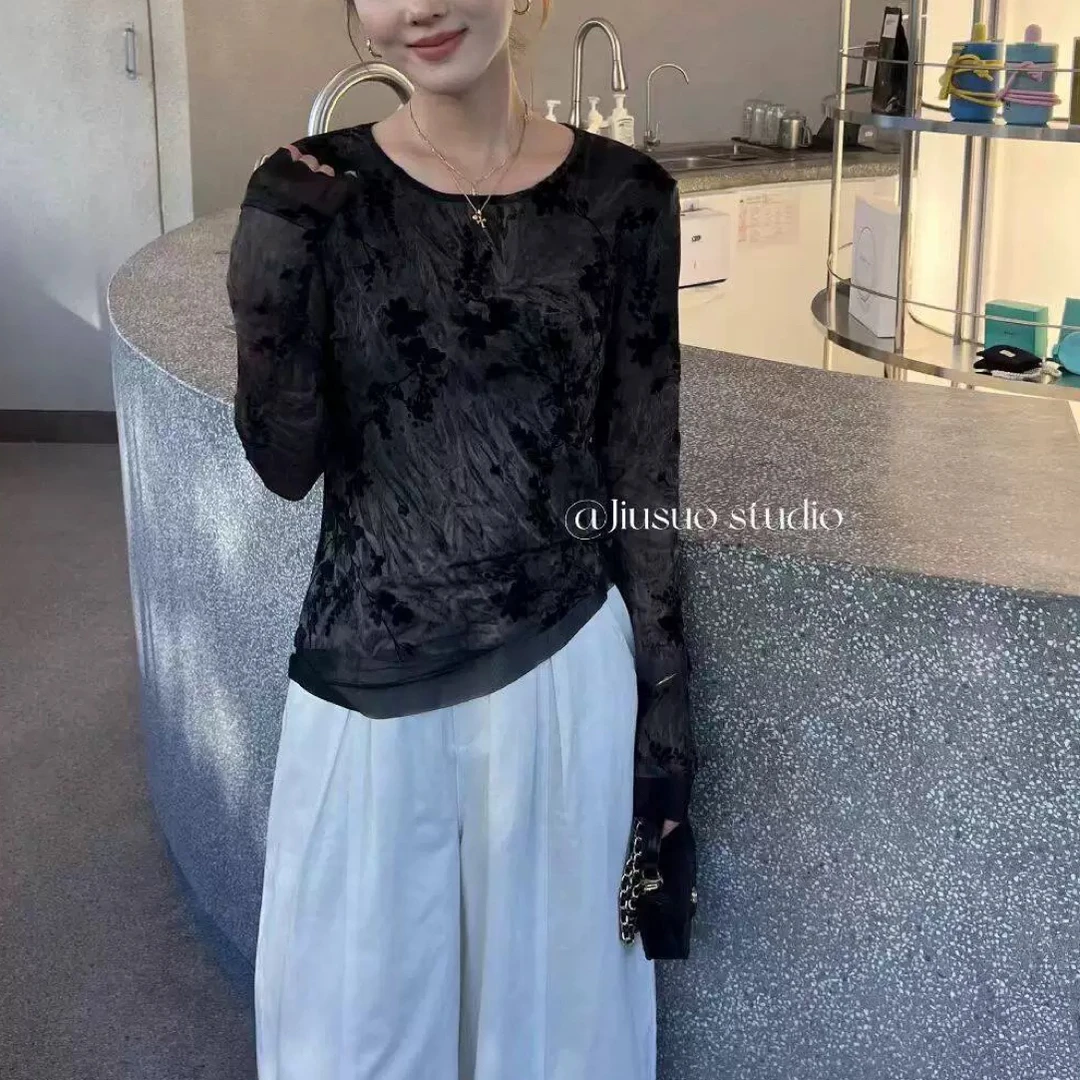 小迪家圆领套头透视丝绒提花网纱长袖T恤打底衫上衣女25910