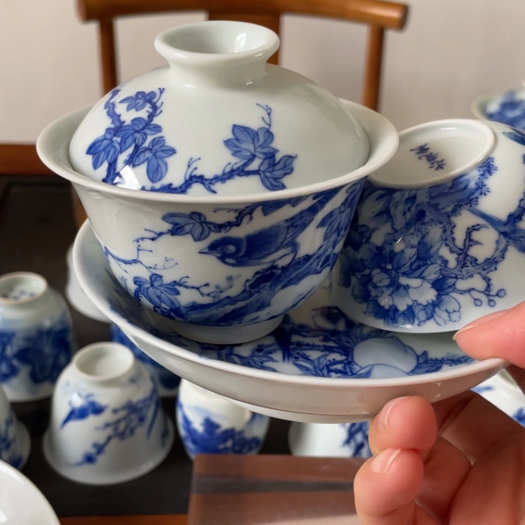 青花花鸟套组杯杯微微瑕