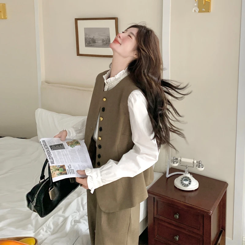 盐系直筒休闲裤马甲套装女2025春秋新款简约韩系穿搭通勤风两件套