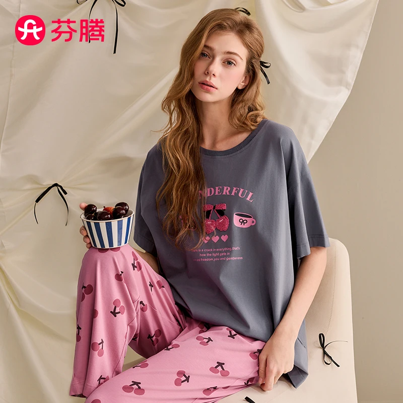 芬腾女士睡衣夏季纯棉短袖圆领套装女款休闲大码薄款全棉家居服