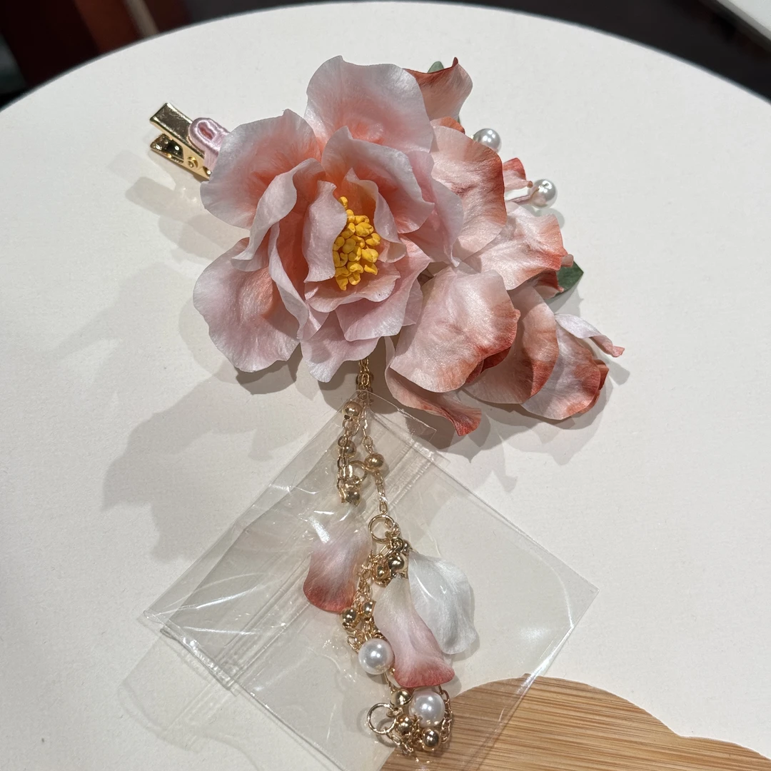 橘粉 边夹 非遗技艺纯手工绒花发饰国风饰品