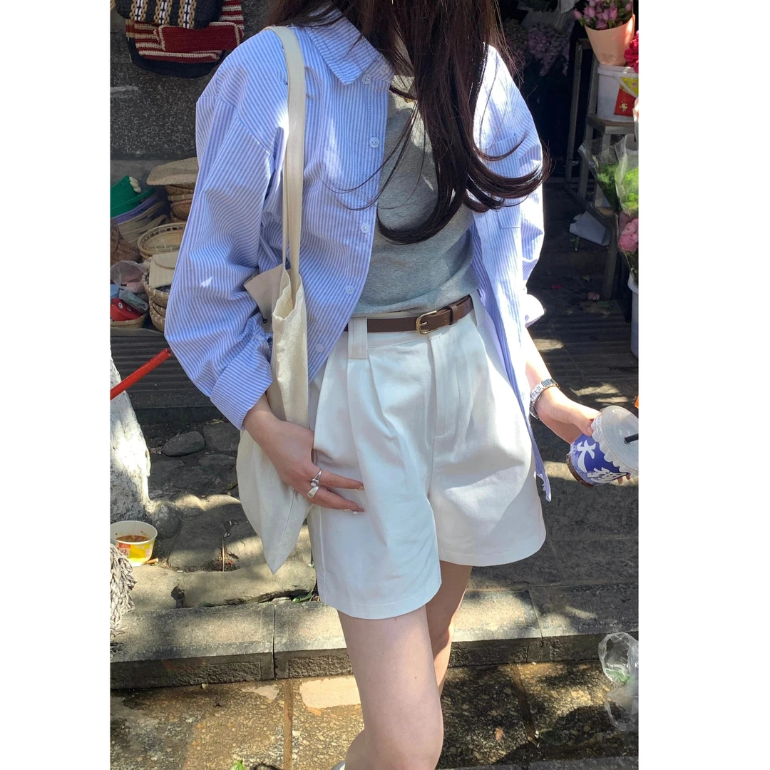 春季氛围感显瘦条纹长袖衬衣韩系休闲高级感防晒外穿女装蓝色衬衫