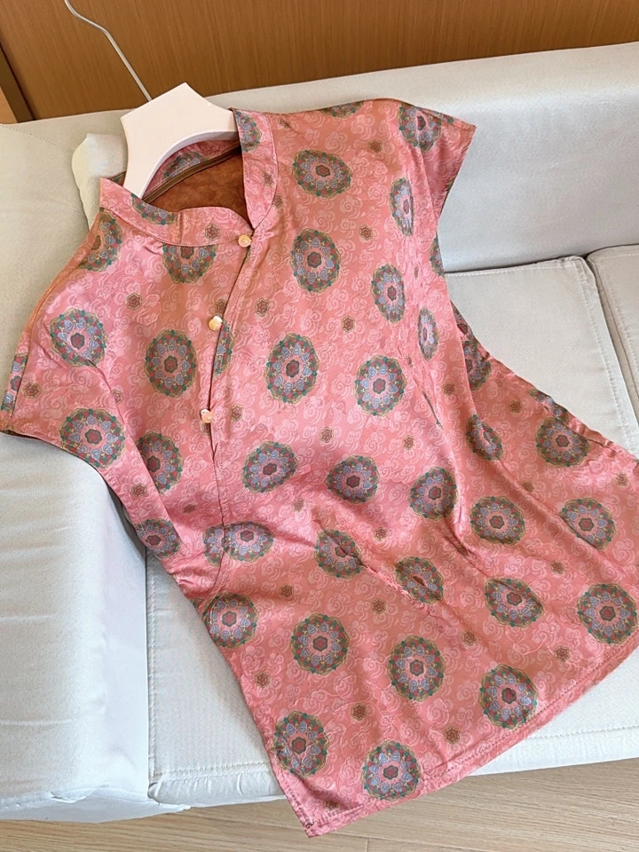 【团花】新中式斜襟宽松提花短袖气质立领T恤清凉夏款