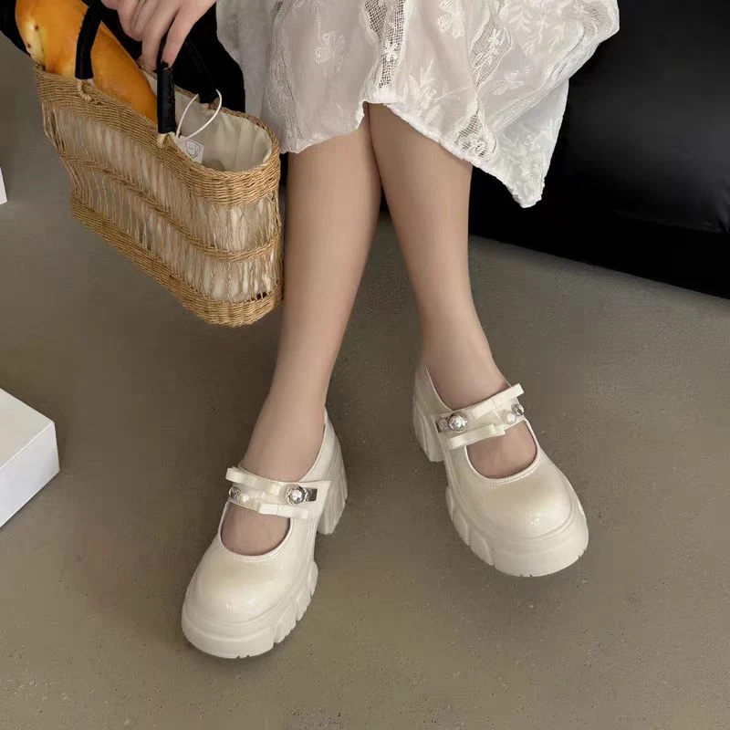 C8334  米白色  高端厚底乐福鞋2025新款增高玛丽珍女士深口单鞋