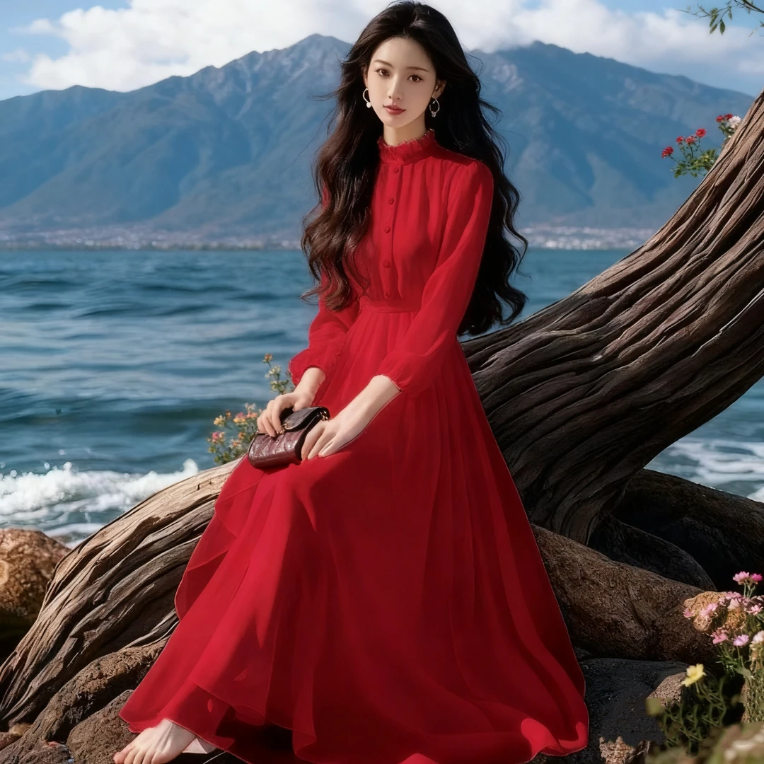 千语栀【霜染秋枫】秋雪纺连衣裙2025独特漂亮连衣裙海边度假感裙子