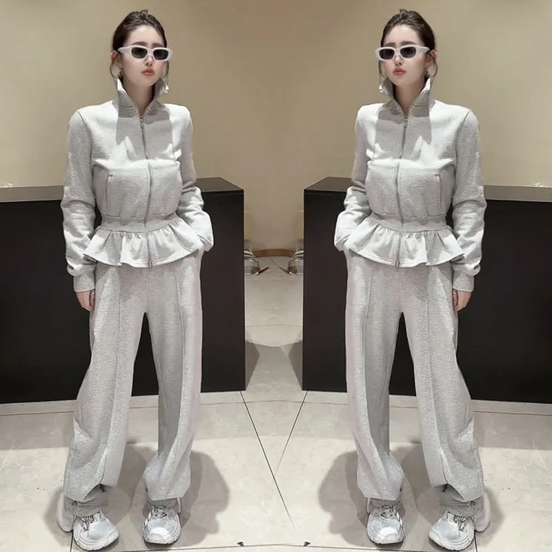 欧货休闲运动套装女2025秋季新款时尚显瘦荷叶边卫衣阔腿裤两件套