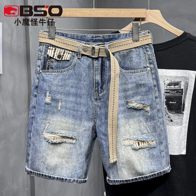 小魔怪夏季薄款破洞牛仔短裤男潮牌直筒五分裤百搭弹力休闲中裤子