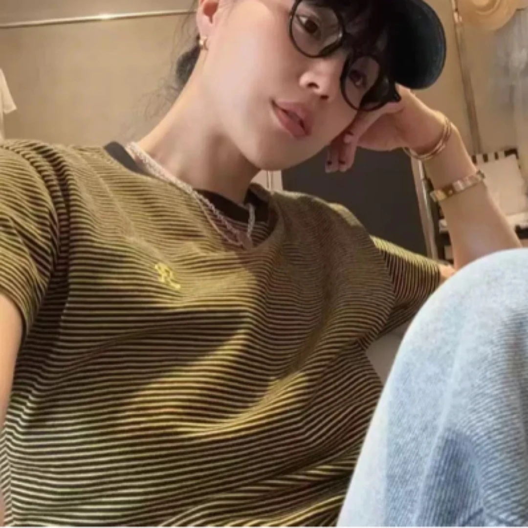 现river韩国东大门代购女向日葵同款经典条纹休闲短袖T恤