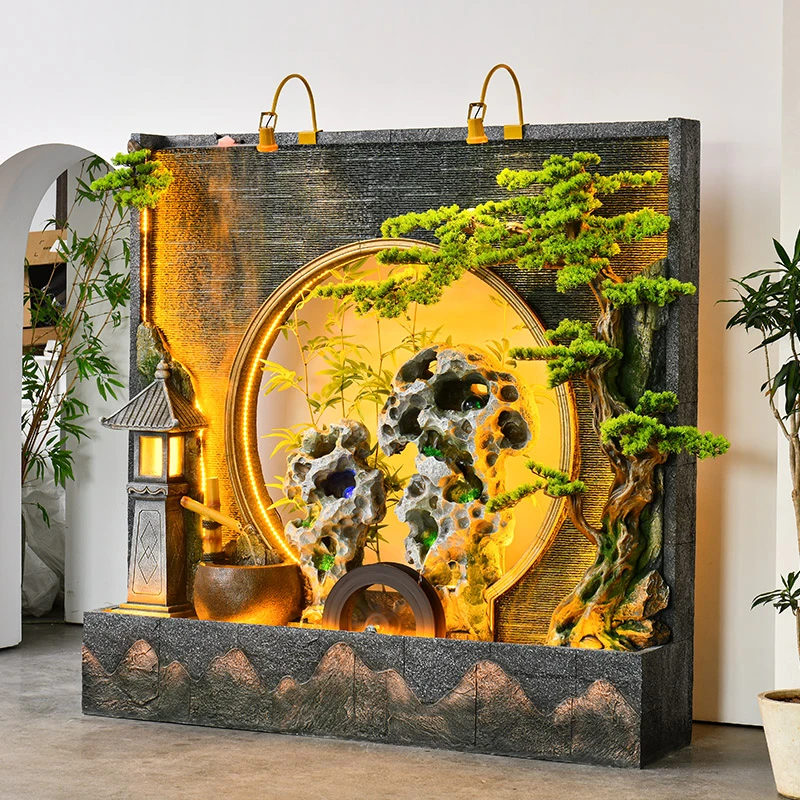 仿太湖石景观迎客松灯塔竹子流水水车装饰摆件茶室水幕墙餐厅水景