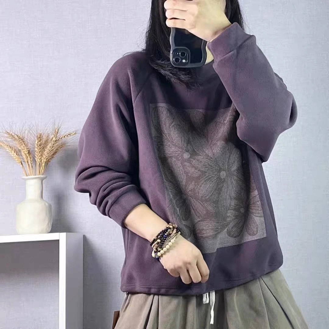 套头长袖休闲风纯色保暖厚款卫衣加绒印花加厚