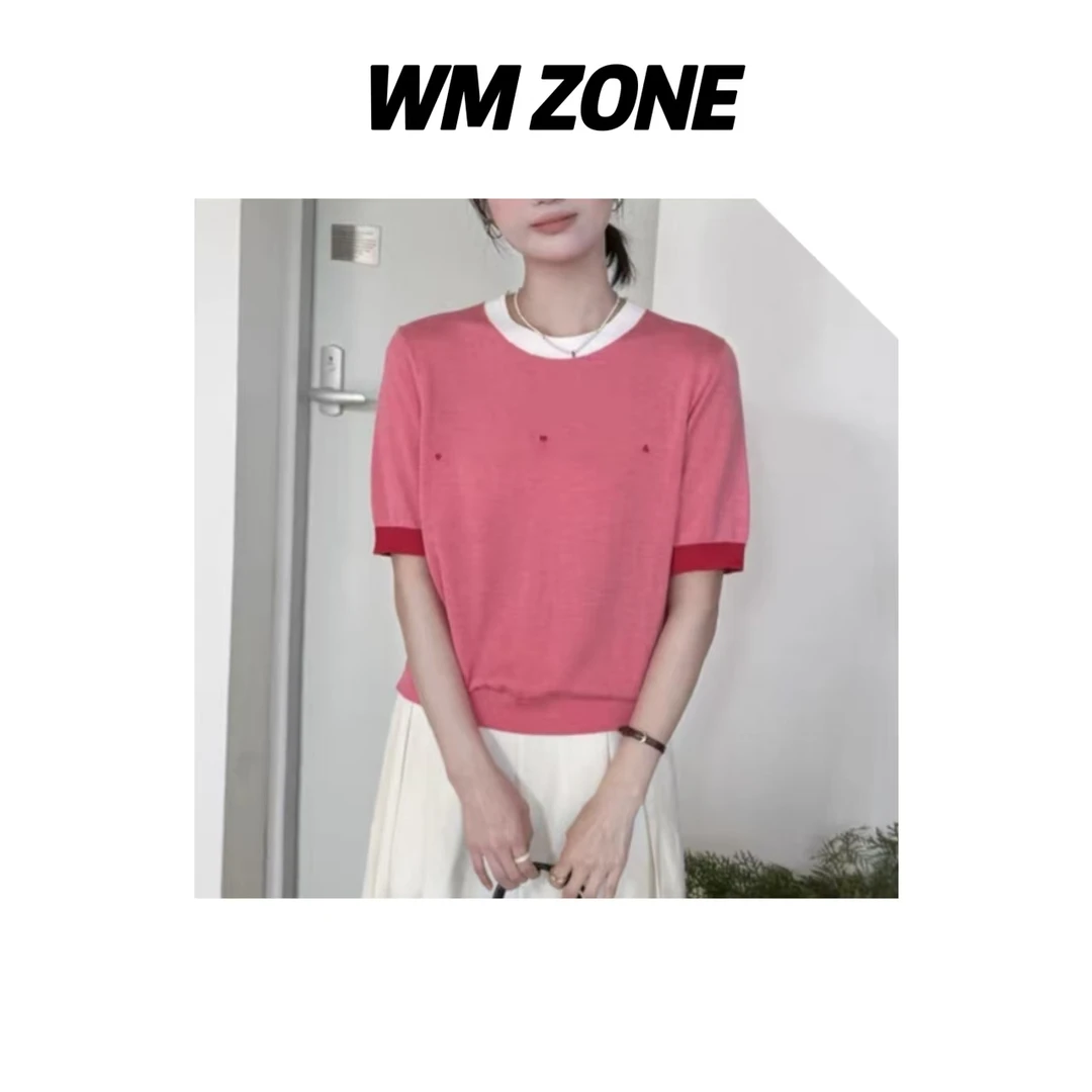 虎儿 3-15-3113 手工绣字母撞色圆领针织短袖