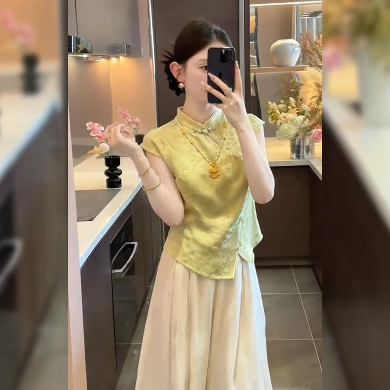 【夏瑶】新中式气质立领盘扣修身上衣显瘦老钱风小衫高腰百搭休闲裤