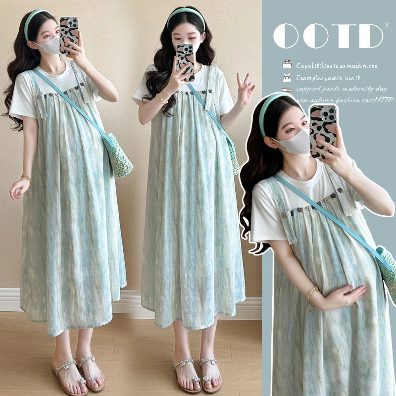 孕妇装2025夏季新款韩版时尚薄荷曼波扎染拼接假两件孕妇连衣裙