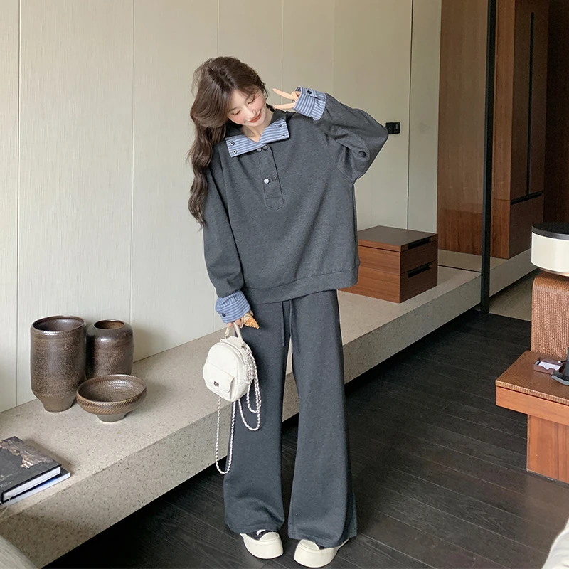 灰色条纹拼接休闲卫衣运动套装女2025春新款流行休闲裤超火两件套