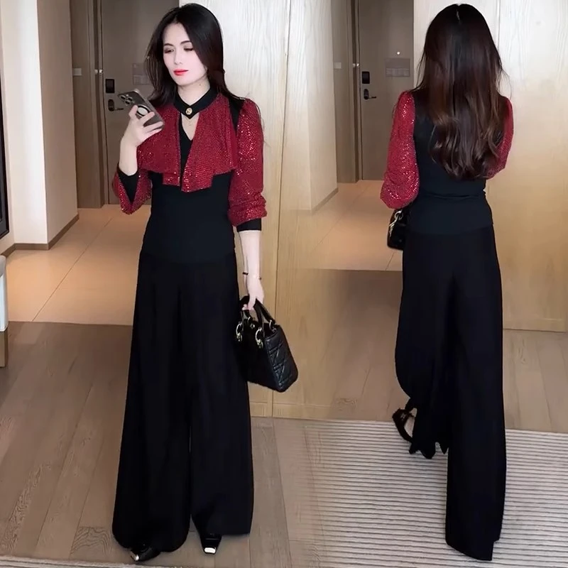 时尚套装女2025秋季新款洋气显瘦设计感拼接亮片小衫阔腿裤两件套