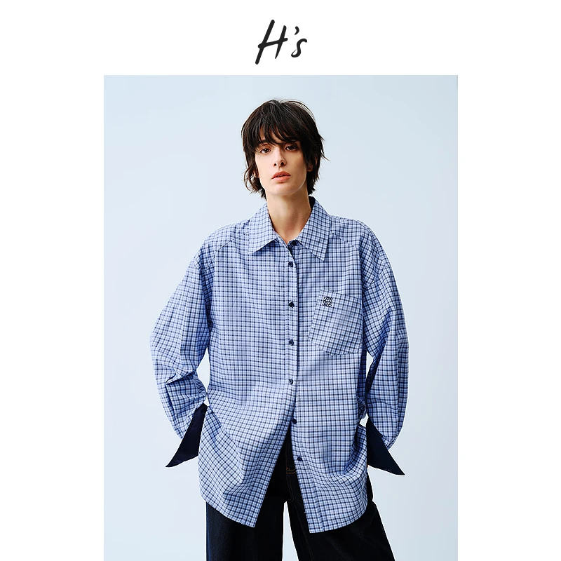 HS蓝白格纹衬衫女25年春季新款撞色复古高级设计感廓形外套上衣