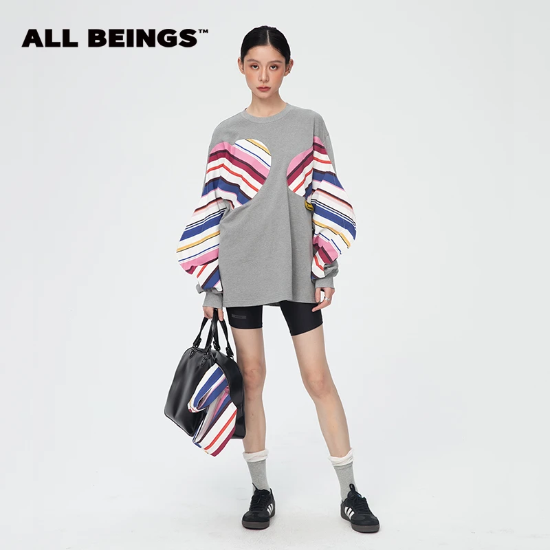 ALL BEINGS25春夏 灰色彩条黑色蓝条贴布混拼长袖时尚百搭T恤双色