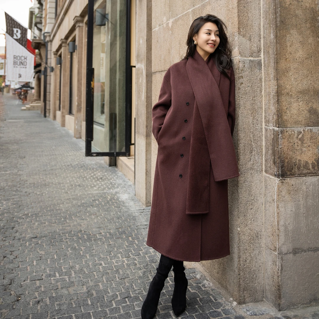 YSU【YSU】V领双排扣长款围巾气质静奢风毛呢大衣Y303938