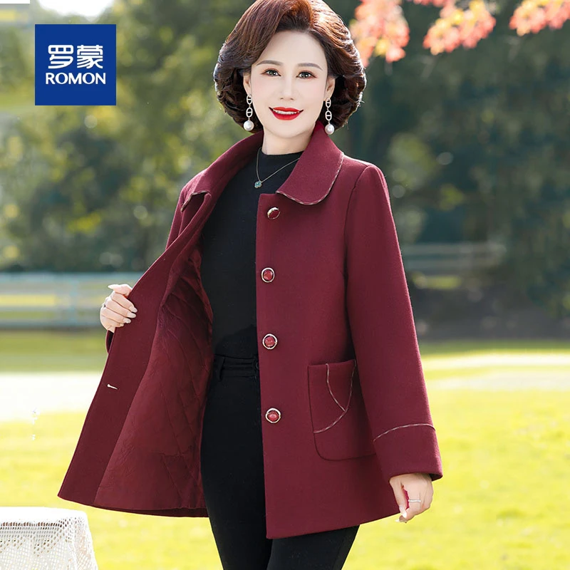 罗蒙气质妈妈装短款毛呢外套女春秋季新款时尚中年女装呢子大衣女