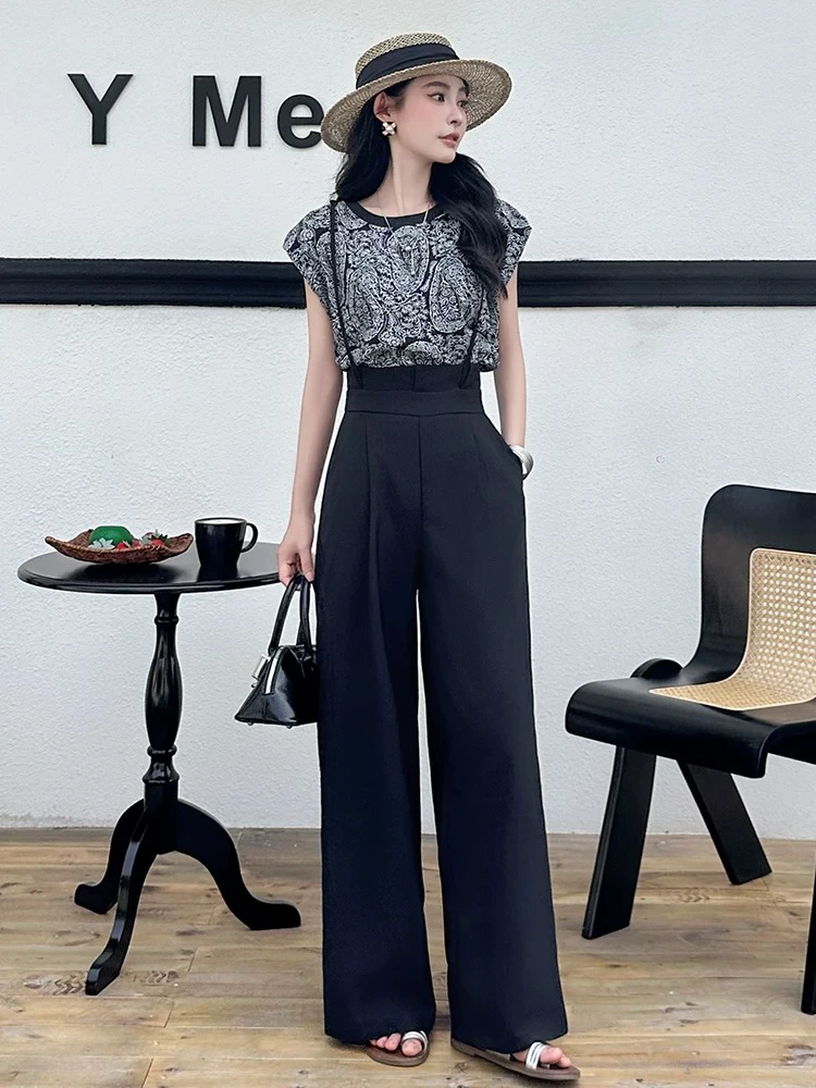 【肉总】御姐范时尚雪纺上衣➕背带裤两件套套装