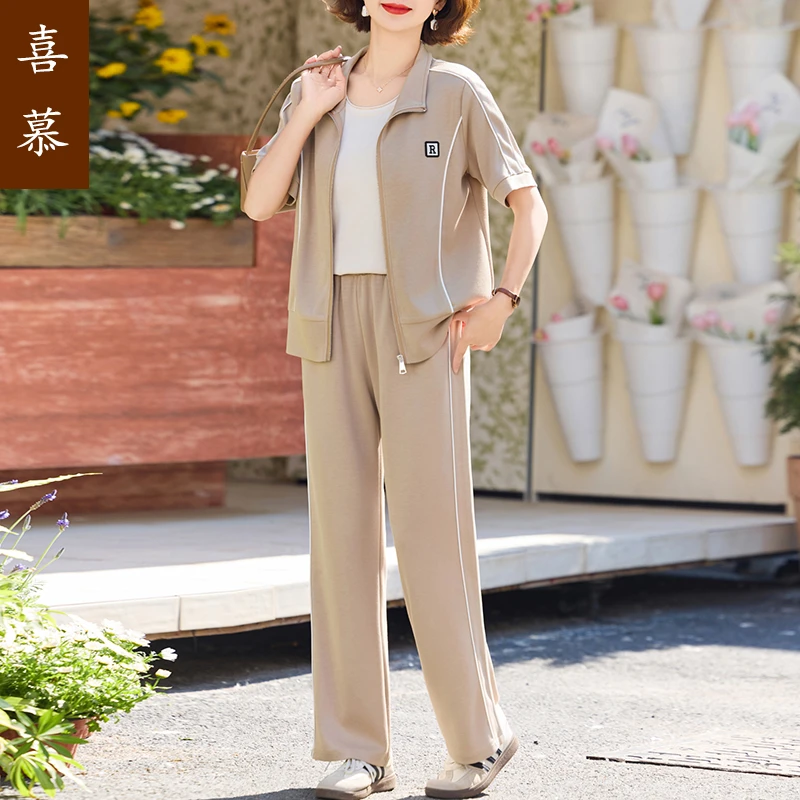 妈妈夏装连帽外套休闲运动套装洋气新款中老年女装时尚减龄两件套