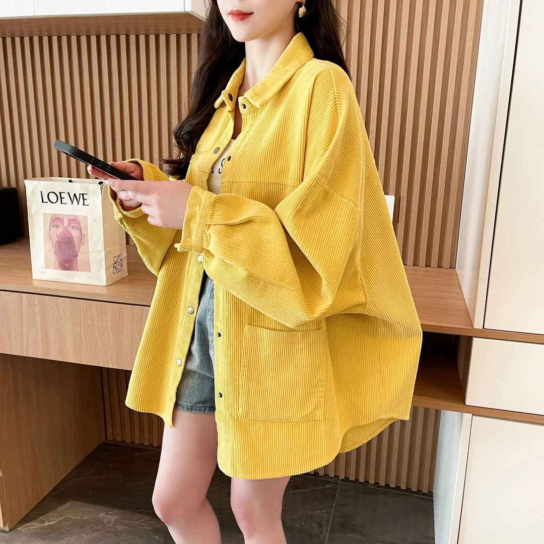 灯芯绒衬衫外套女春秋2025新款中长款纯色上衣宽松设计感长袖衬衣