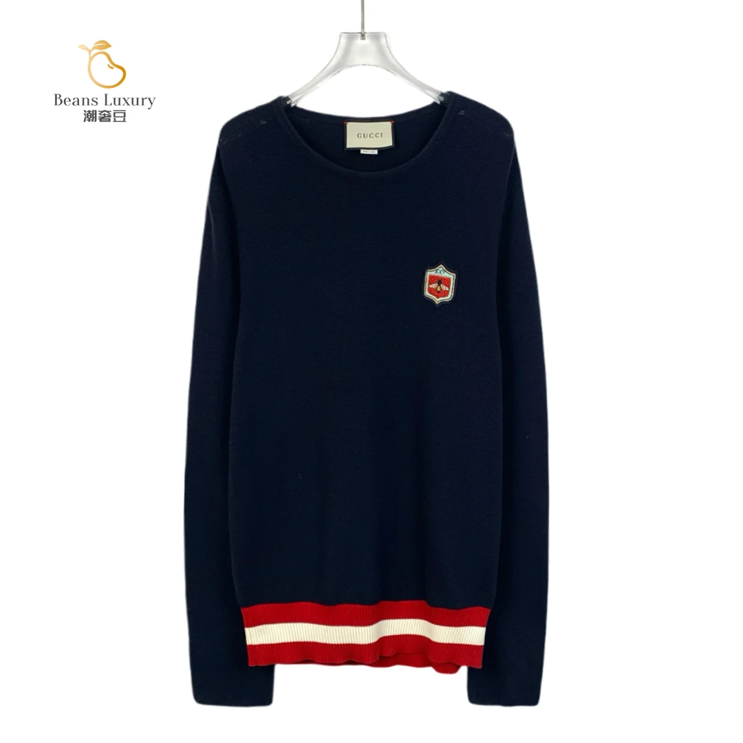 99新 GUCCI/古驰 潮奢豆 严选/藏蓝色蜜蜂刺绣棉质针织衫/H12489