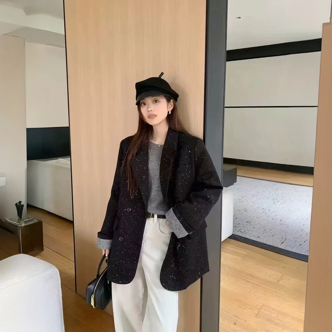 韩版重工亮片闪耀毛呢西装宽松时尚显瘦休闲潮流加棉