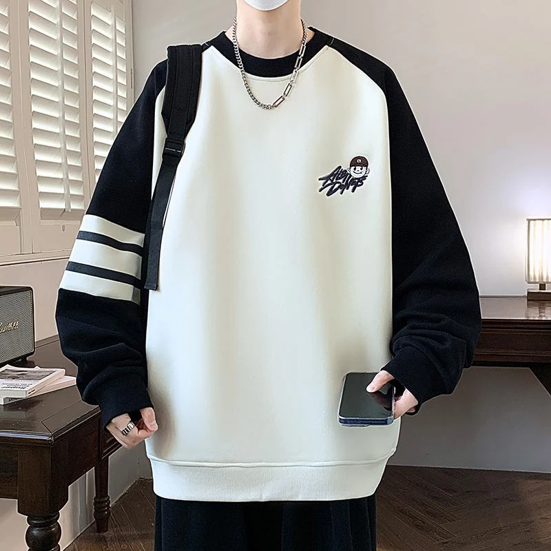 2025春季新款青少年圆领卫衣宽松时尚撞色百搭帅气款男生长袖T恤