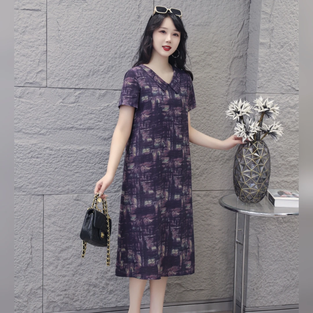 夏季新品朦胧紫亲肤透气短袖休闲连衣裙701#