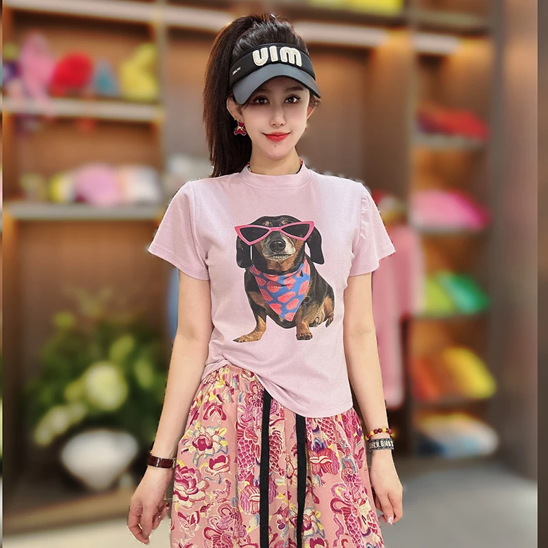 夏季新款时尚韩版短袖圆领卡通T恤女士显瘦休闲百搭半袖印花上衣