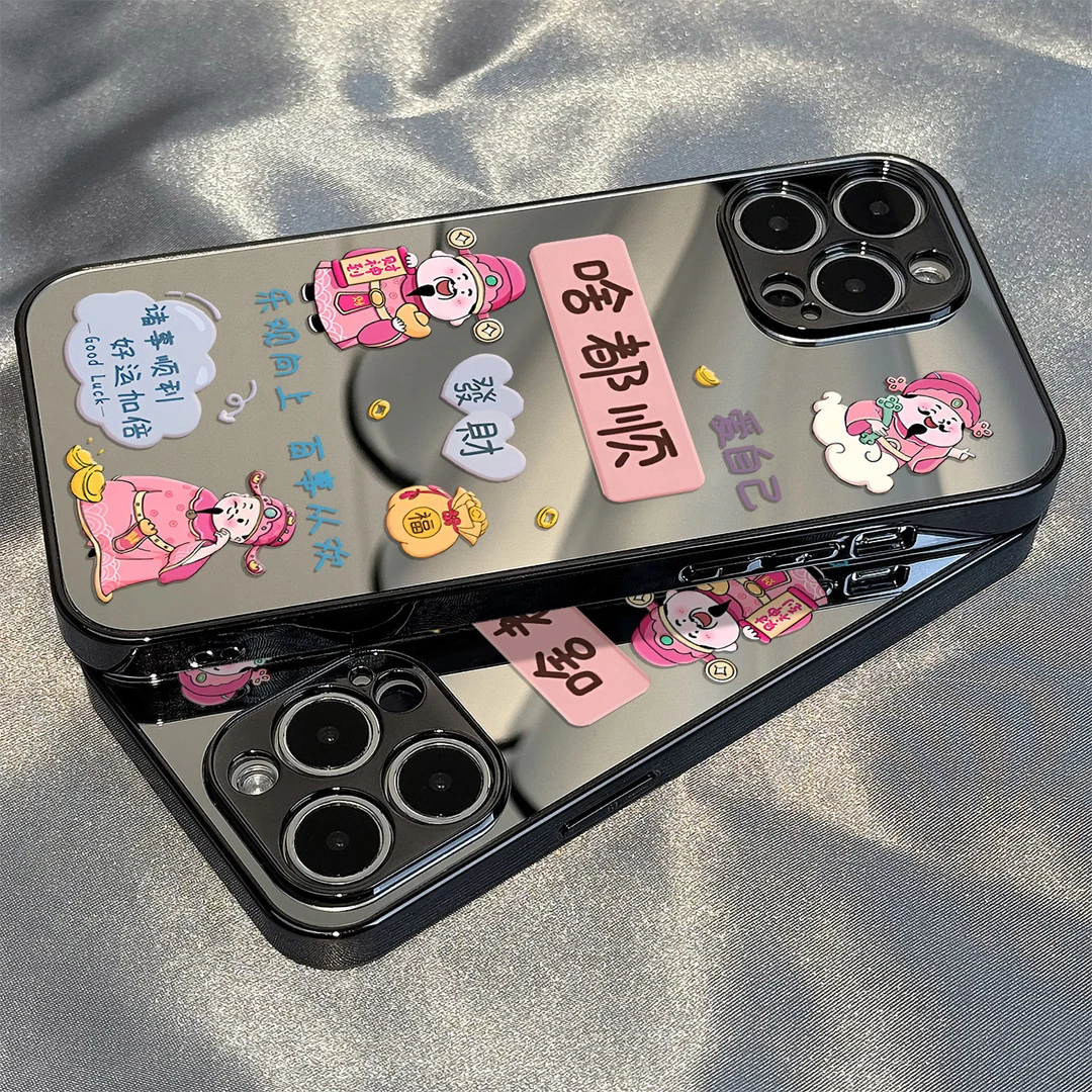 适用于苹果16promax手机壳镜面都顺财神网红同款数码配件奢华高级