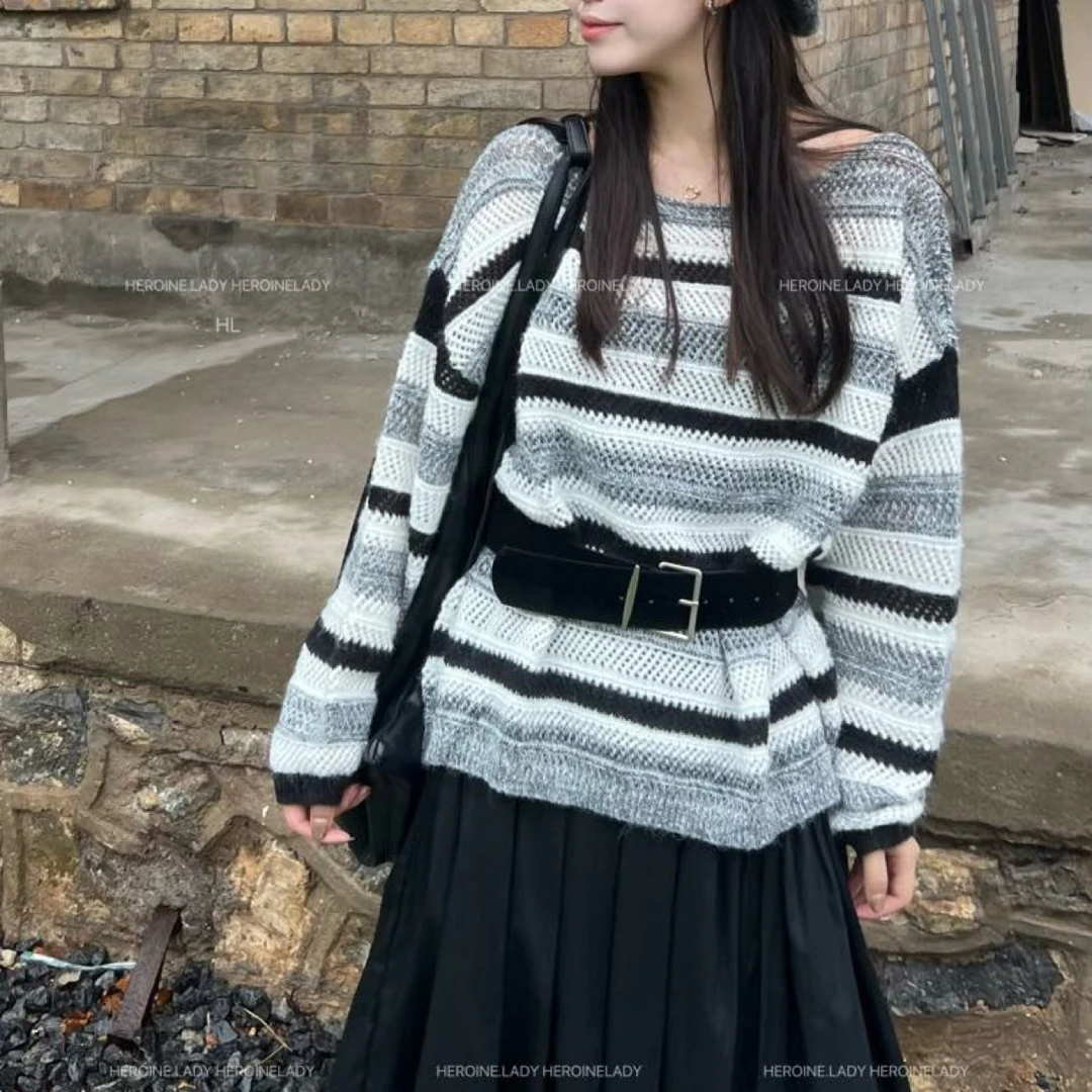 【条纹斜肩】HL秋季马海毛条纹宽松毛衣女时髦百搭慵懒风（带腰带）