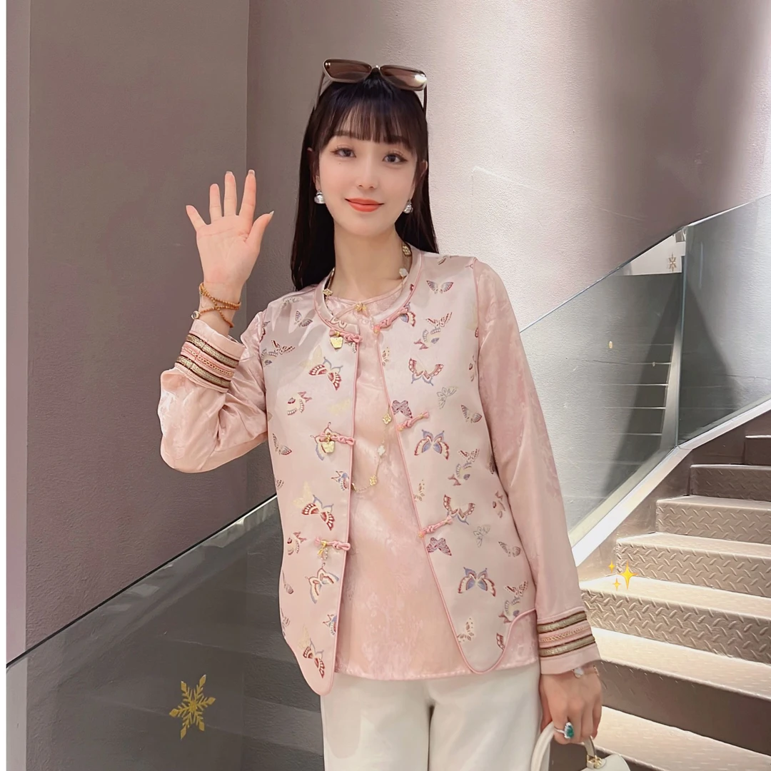 《ELFBOX》粉蝶碎花春季时尚日常气质新中式中国风圆领马甲复古1084