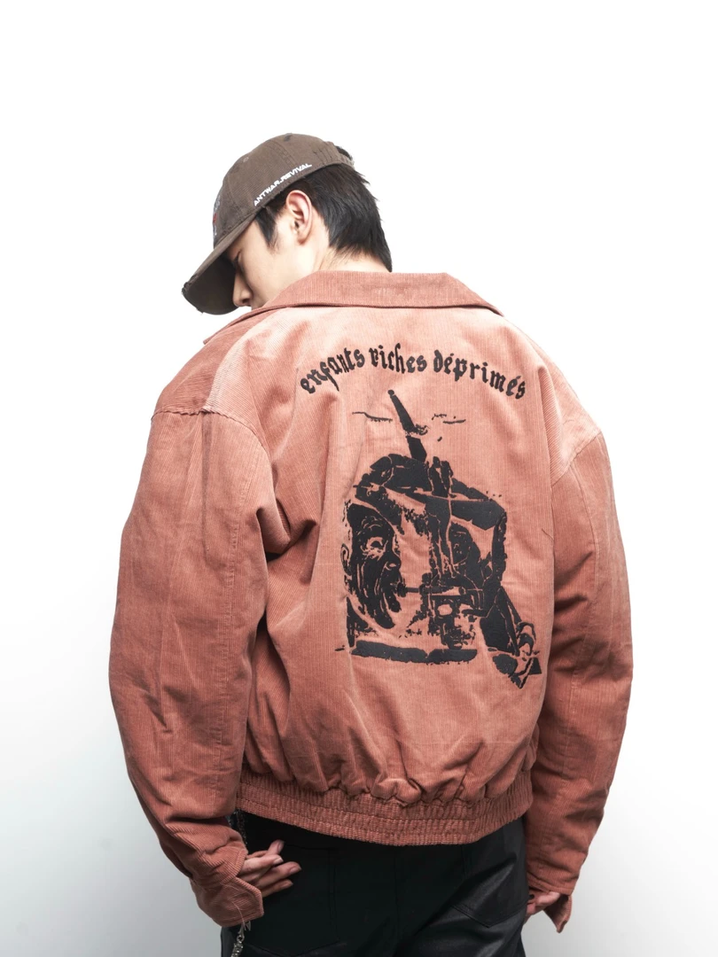 ASHDARK*ERD二代25fw灯芯绒短款三文鱼田岛万针刺绣水洗棉服夹克