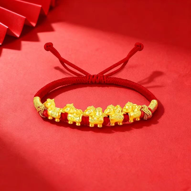 水贝黄金手链女足金999生肖马转运珠五福马红绳手链新年礼物女款