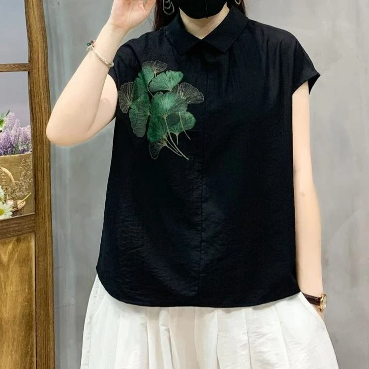 夏季新款气质翻领【两面穿】时尚百搭减龄短袖休闲百搭印花衬衫文艺