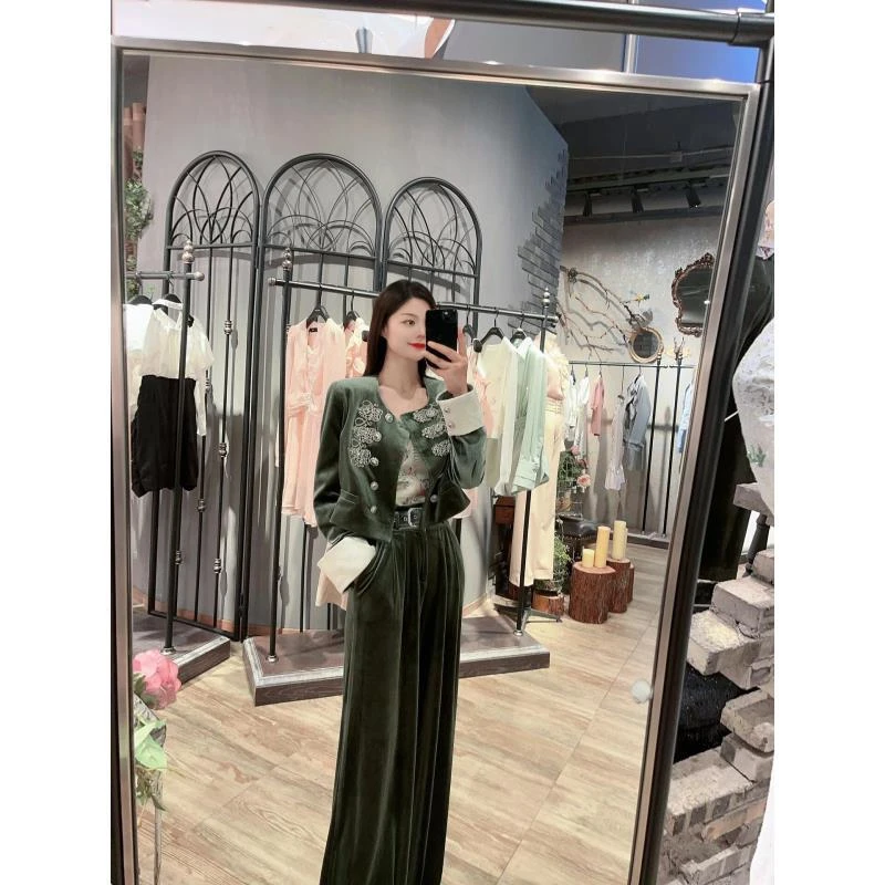 【DÉ MYSTÈRE】高级贵气幽径绿丝绒通勤风外套裤子西服套装GZJ68087