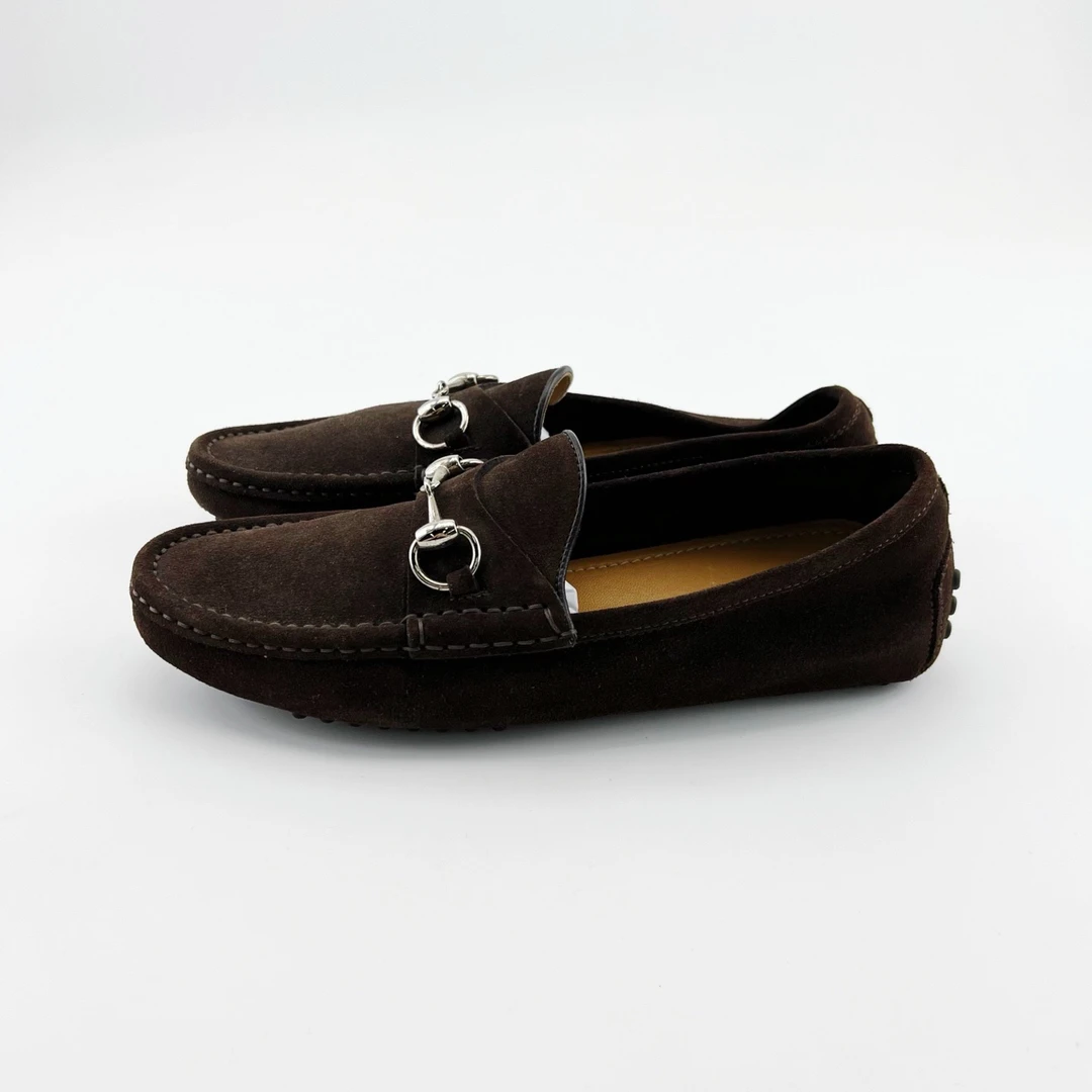 95新 GUCCI/古驰 40码/棕色麂皮经典马衔扣乐福鞋/14017873