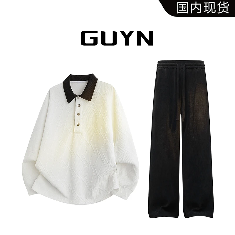 【品牌现货】GUYN学院风提花套装男春秋撞色拼接卫衣休闲长裤两件套