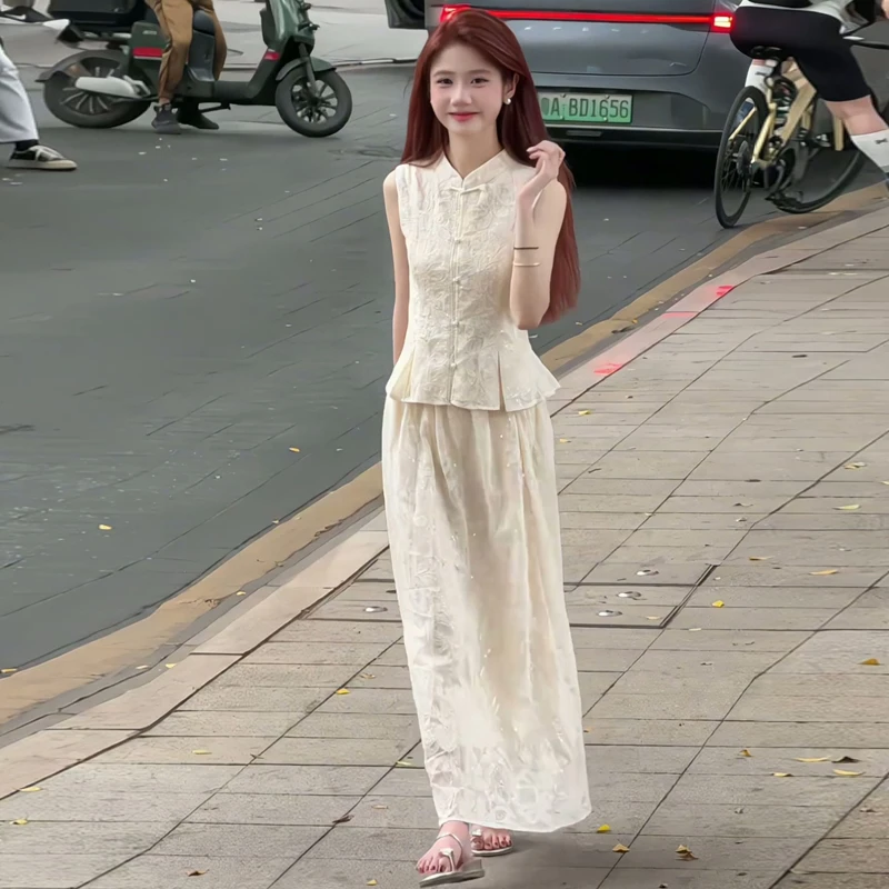 新中式国风时尚套装女2025夏季新款设计感无袖马甲上衣高腰半身裙