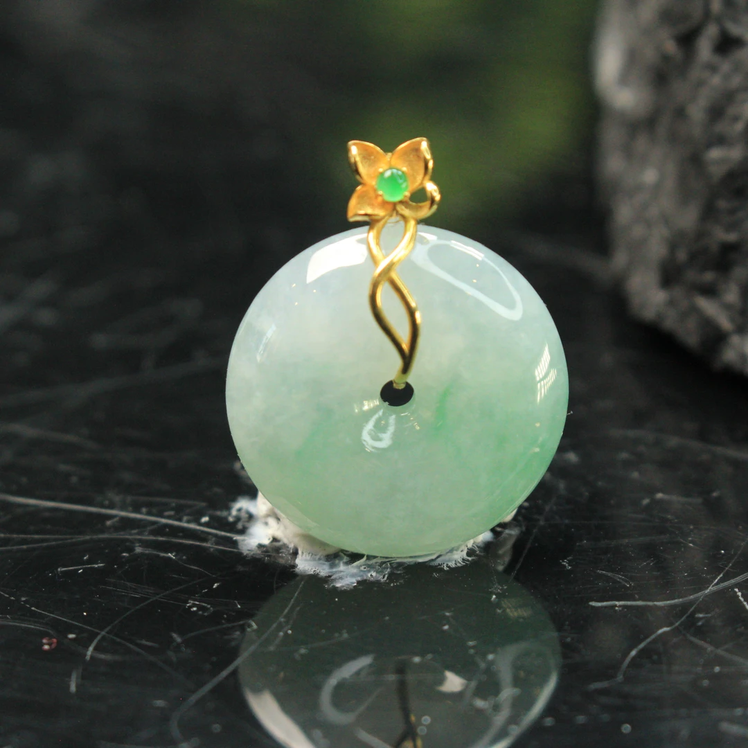 36ZB天然缅甸A货翡翠冰飘绿平扣吊坠/700514嘉禾臻宝