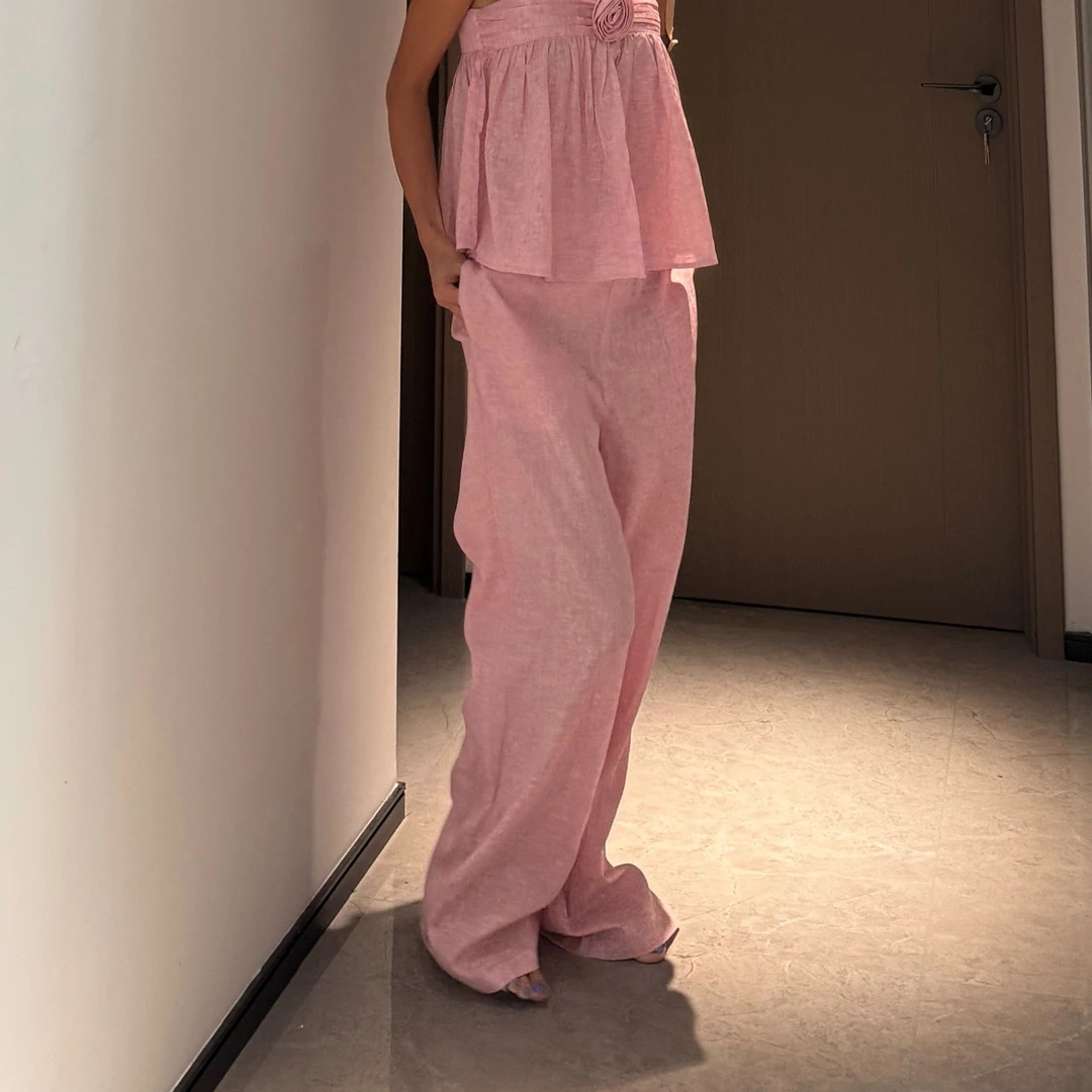 亚麻阔腿粉色休闲风长裤25216-1