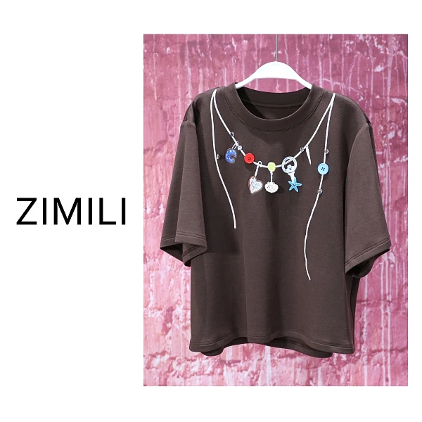 【亮哥女装】2025欧版咖啡色线条印花立体撞色高克重短袖8756-C7