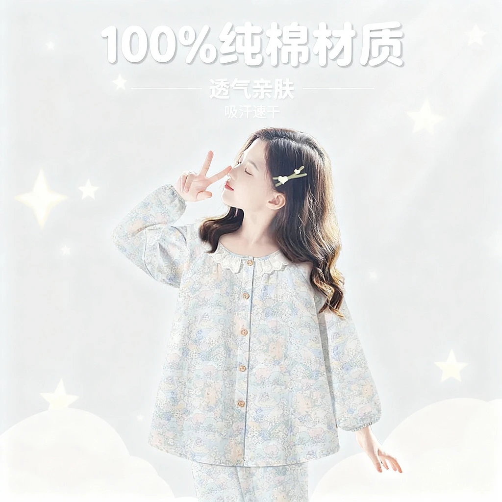 2025新款儿童纯棉新款睡衣春秋季女童大童洋气女孩家居服套装