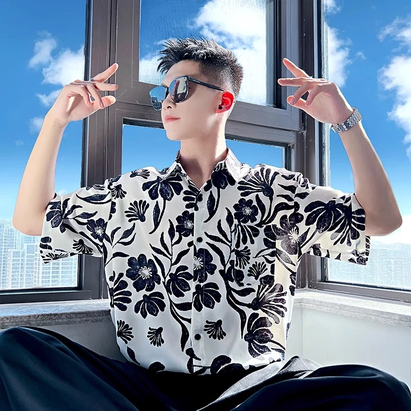 Cebrodz冰丝速干花色衬衫男短袖沙滩渡假风衣服2025夏薄款半袖衬