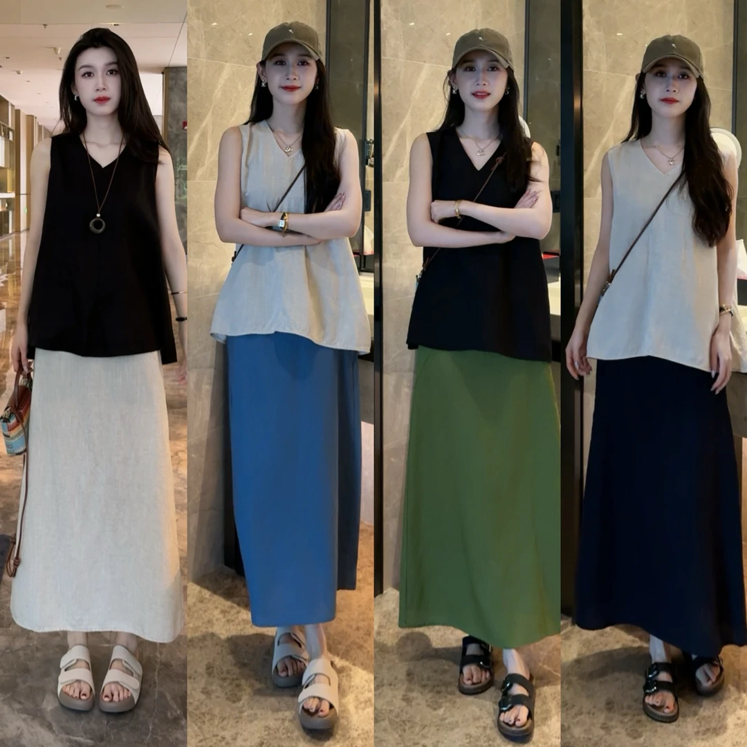 新款微阔弧形老钱风V领背心+亚麻半身裙两件套