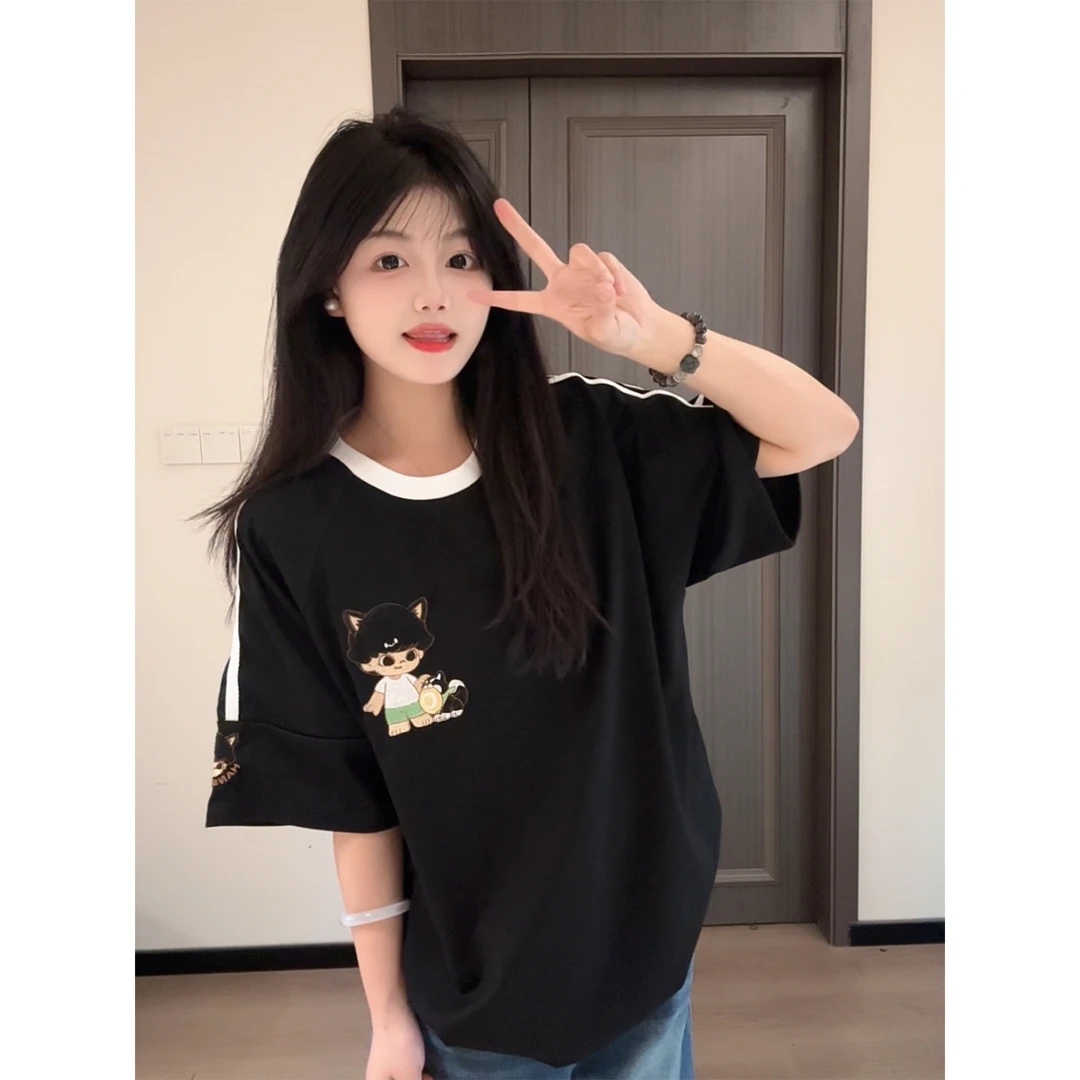 HandSeven夏季重磅可爱风刺绣宽松百搭短袖T恤男女同款休闲上衣