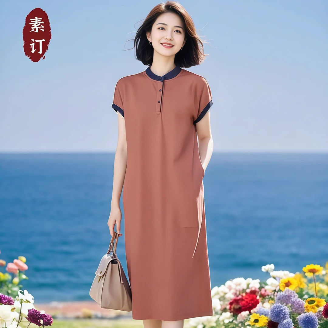 素订女装原创品牌旗舰店减龄设计感拼色小翻领宽松显瘦直筒连衣裙