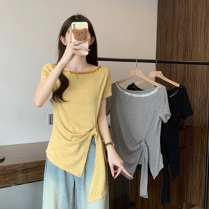 2025夏装薄款胖mm大码女法式亮片不规则上衣系带别致短袖T恤33796